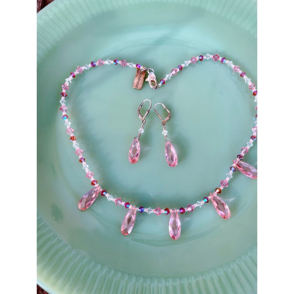 Sterling Silver Pink AB Glass Bead Necklace earrings Set